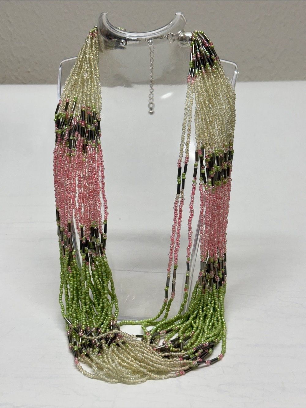 Multistrand Seed Bead Necklace in Pink, Green & Cream